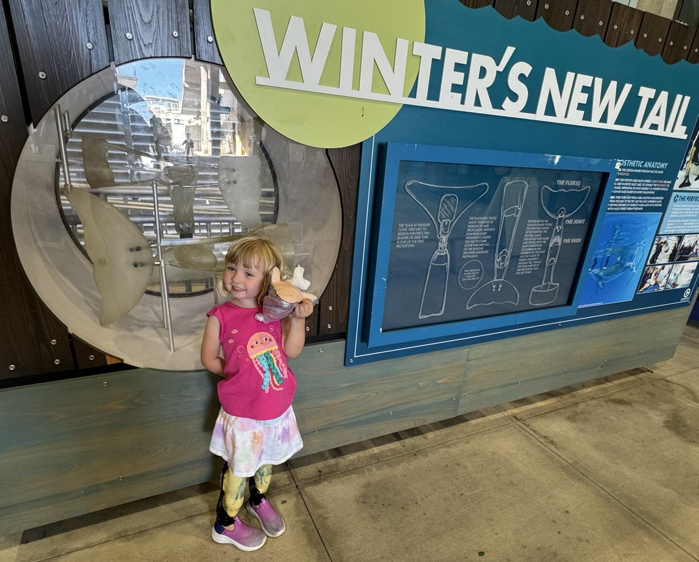 Gwen standing beside one of Winter the dolphin’s prosthetic tails at Clearwater Marine Aquarium’s INSPIRE program