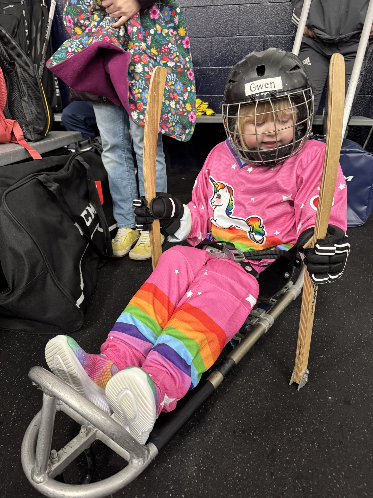 Gwen, age 3, on the ice with the Columbus Blades Sled Hockey team in Central Ohio